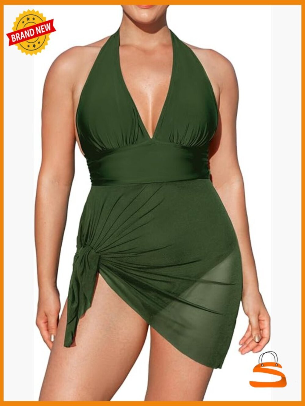 Plus Size One Piece Swim Dress Tummy Control Halter V Neck Mesh Skirt Tie